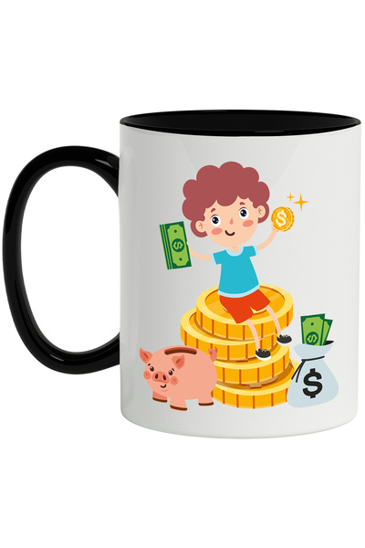 StoryGift Romania Cana Cu Baiat, Bancnote, Monede, Stele, Sac, Dolari, Pusculita, Multicolor 330 m, Cu Maner Negru