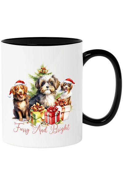 StoryGift Romania Mug with puppies with the message "Furry and Bright", Merry Christmas, illustration, and, With ,STG