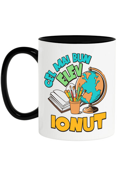 StoryGift Romania Cana cu Rechizite Scolara Glob Pamantesc Carioci Pensule Carte Deschise Text Cel, Cu Maner Negru