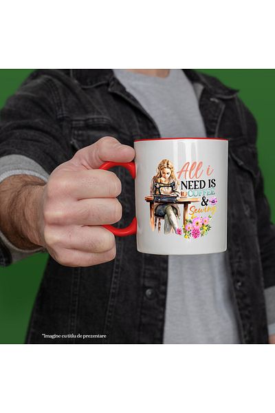 StoryGift Romania Mug with the message "All I need is coffee & sewing", profession, illustration, work, by, Cu,STG.