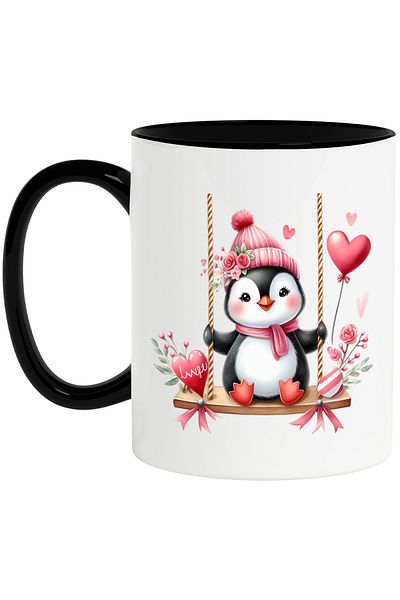 StoryGift Romania Mug with a penguin swinging, illustration, hearts, blushing, playing, With ,STG