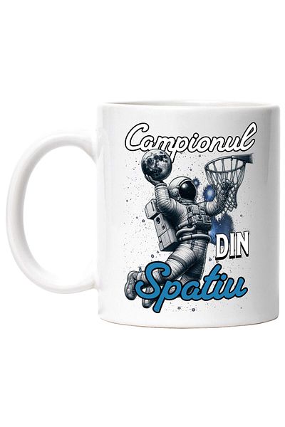 StoryGift Romania Cana cu Astronaut In Spatiu Minge Baschet Cos Sport De Echipa Motivational Text , Cu Maner Alb