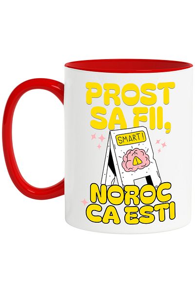 StoryGift Romania Cana cu Pancarda Cu Animatie Creier Uman Smart Text Prost Sa Fii Noroc ca Esti, , Cu Maner Rosu