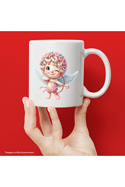 StoryGift Romania Cana cu un bebelus din lana Cupidon, ilustratie, trage cu arcul, indragostire, V, Cu Maner Alb