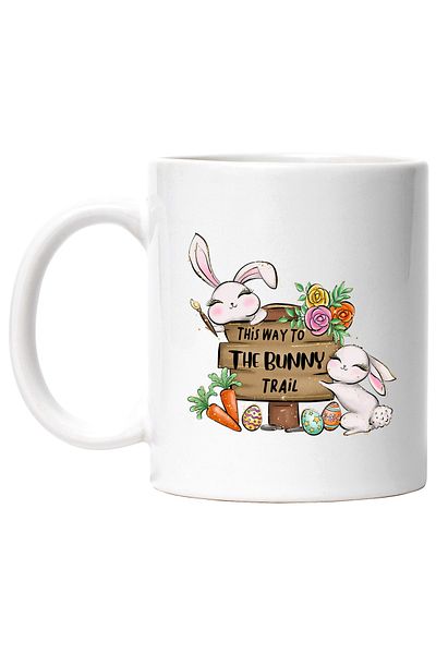 StoryGift Romania Cana cu 2 iepurasi veseli cu mesajul "This way to the bunny trail", Paste ferici, Cu Maner Alb