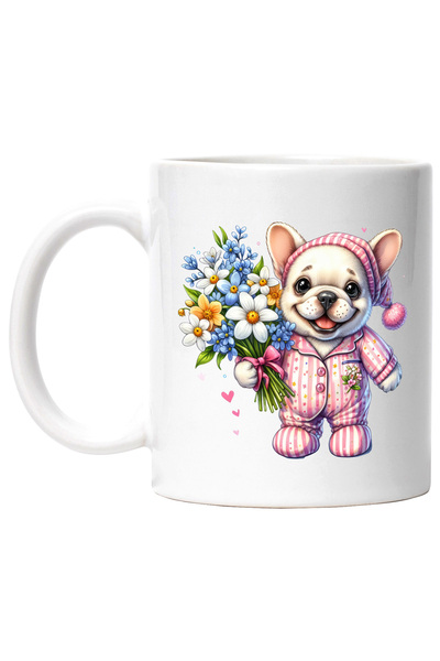 StoryGift Romania Cana cu un catelus vesel care tine un buchet cu flori | cad...