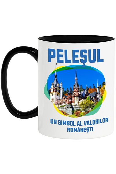 StoryGift Romania Cana cu Atractie Turistica Internationala Castel Text Castelul Peles, Romania Av, Cu Maner Negru