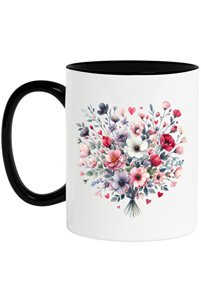 StoryGift Romania Cana cu un buchet de flori, ilustratie, rosii, albe, roz, i...