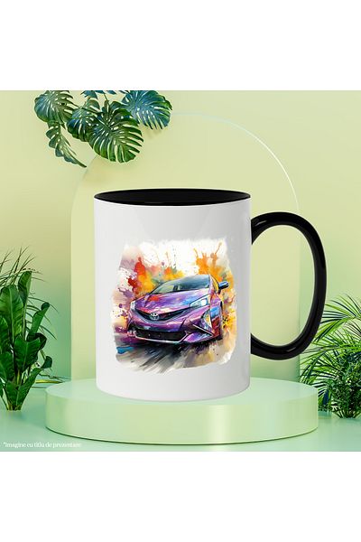 StoryGift Romania Cana Cu Masina, Toyota Prius, Brand, Viteza, Watercolor, Multicolor 330 ml, Cera, Cu Maner Negru