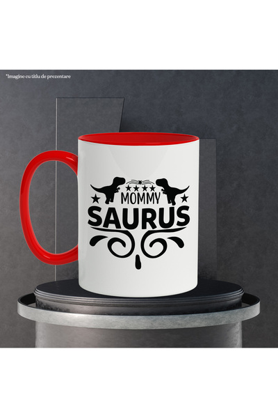 StoryGift Romania Mug with stars and dinosaur figures with the text in English "Mommy saurus" - mam, Cu,STG.