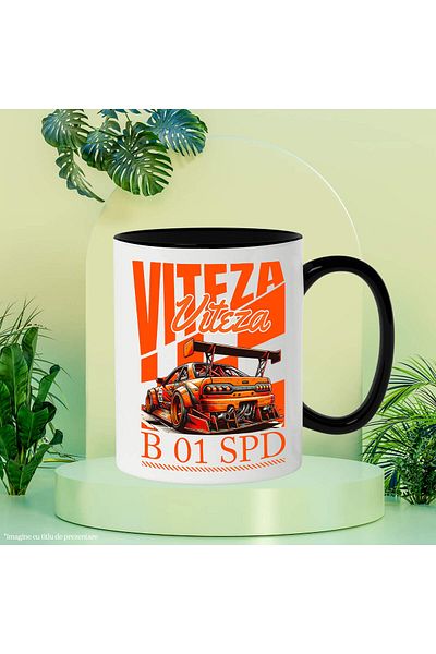 StoryGift Romania Cana cu Masina Portocalie De Curse Numar 32 Viteza Text B 01 SPD, Ceramica, 330M, Cu Maner Negru