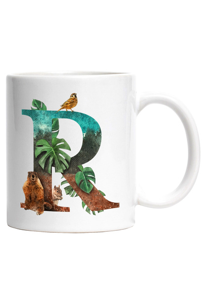 StoryGift Romania Cana Cu Litera, R, Pasare, Veverita, Castor, Multicolor 330 ml, Ceramica cu Mane, Cu Maner Alb