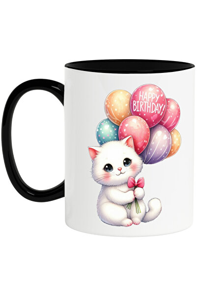 StoryGift Romania Cana cu o pisicuta imbujorata care tine multe baloane color...