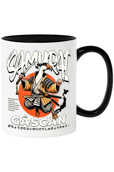 StoryGift Romania Cana Samuraiul Gâscan asasin rata ninja desene animat, 330ml, Ceramica cu Maner , Cu Maner Negru