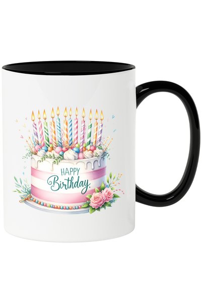 StoryGift Romania Mug with a cake with lit candles | illustration | "Happy bi...