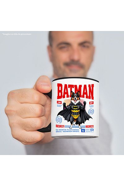 StoryGift Romania Cana cu Ciobănesc Australian / Australian ShepherdCaine In Costum de BatMan cu P, Cu Maner Negru
