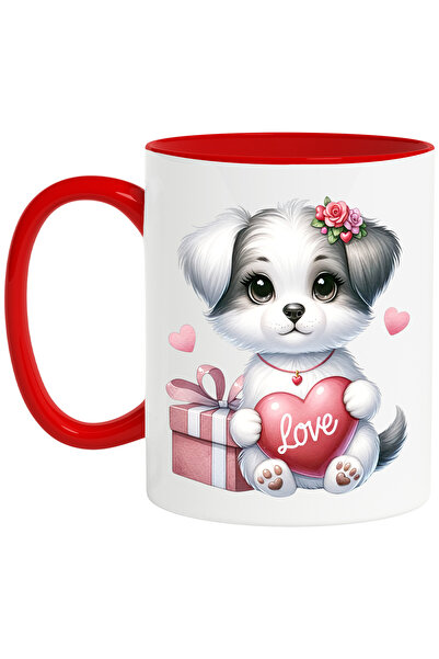 StoryGift Romania Cana cu un catelus care tine o inimioara pe care scrie "Lov...