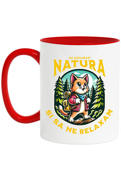 StoryGift Romania Cana cu Pisica Portocalie Cu Rucsac De Aventura Printre Mun...