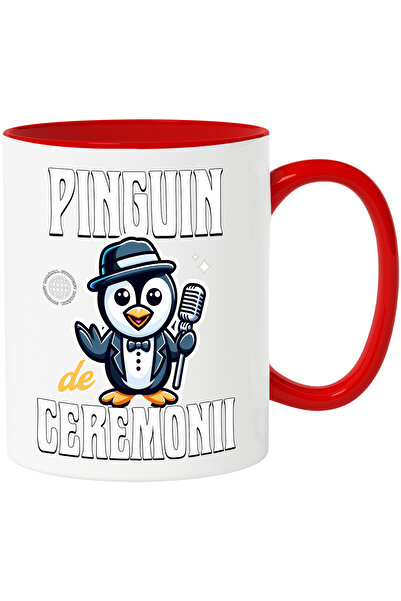 StoryGift Romania Cana Pinguin de Ceremonii cu microfon costum haoios, 330ml, Ceramic cu Maner Ros, Cu Maner Rosu