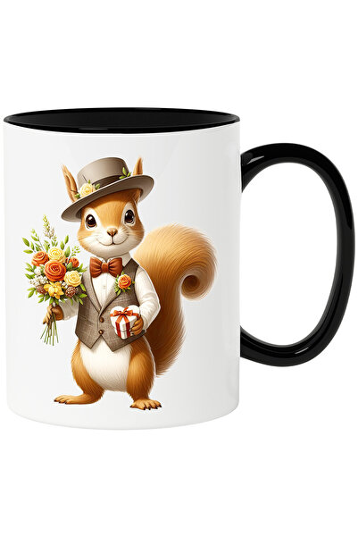 StoryGift Romania Cana cu o veverita vesela care tine un buchet cu flori si u...