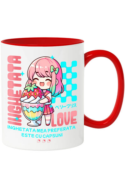 StoryGift Romania Cana cu Fata Stil Anime Cu Pahar imens De Milkshake Si Capsuna text Inghetata, C, Cu Maner Rosu