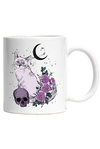 StoryGift Romania Cana cu pisica macabra, ilustratie, semiluna, craniu, trand...