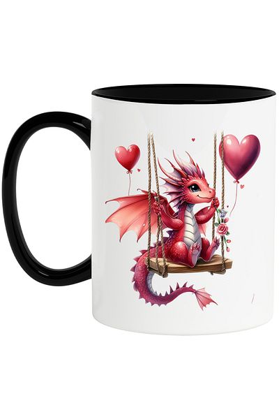 StoryGift Romania Cana cu un mic dragon care se da in leagan, ilustratie, baloane, inimioare, flor, Cu Maner Negru