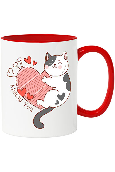 StoryGift Romania Cana cu pisica care se tine de un ghem in forma de inima cu mesajul "Meow you", , Cu Maner Rosu