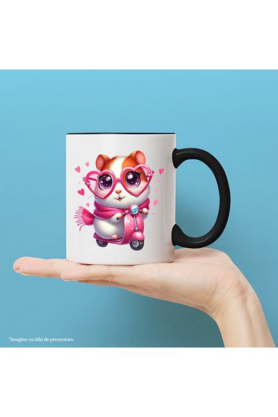 StoryGift Romania Mug with a female hamster riding a scooter | illustration | hearts | scarf, With Black Handle