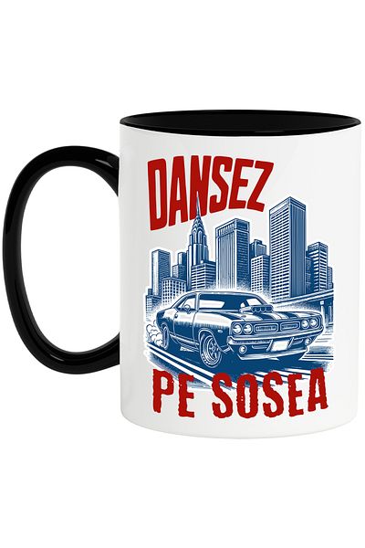 StoryGift Romania Cana dansez pe sosea masina vintige in oras viteza, 330ml, Ceramica cu Maner Neg, Cu Maner Negru