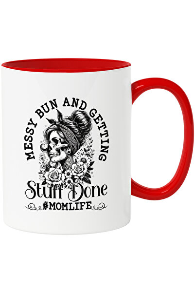 StoryGift Romania Cana cu schelet de femeie cu mesajul "Messy bun and getting sruff done #momlife", Cu Maner Rosu