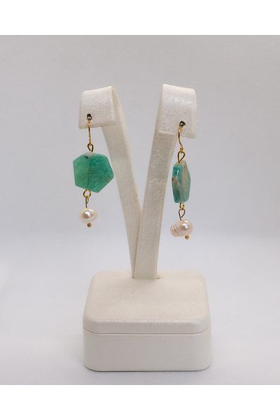 Luna Steel Earrings with Real Pearl and Amazonite Natural Stone