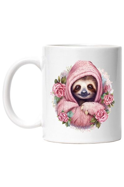 StoryGift Romania Cana cu animalul Sloth/lenes | ilustratie | imbracat gros | frig | floricele | r, Cu Maner Alb
