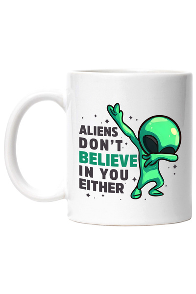 StoryGift Romania Cana cu un extraterestru verde cu mesajul "Aliens don't bel...