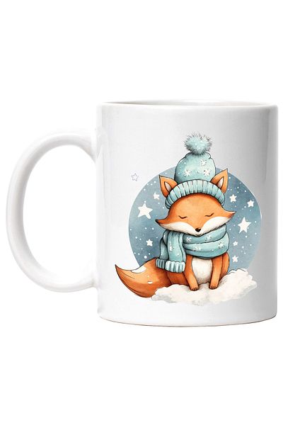 StoryGift Romania Cana cu o vulpe somnoroasa | ilustratie | imbracata gros | adormita | frig | noa, Cu Maner Alb