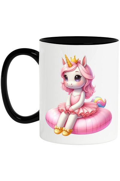 StoryGift Romania Cana cu un unicorn care sta pe o perna gonflabila, ilustratie, imbujorata, roz, , Cu Maner Negru