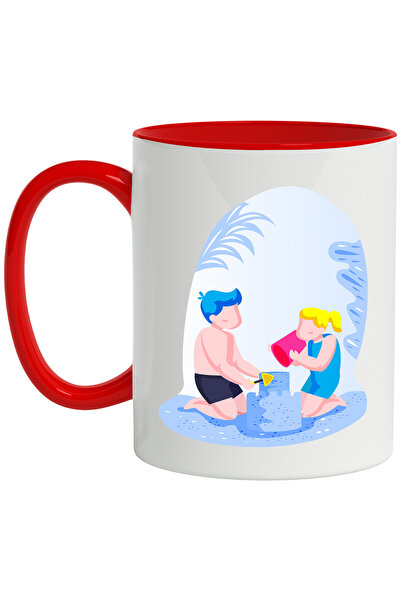 StoryGift Romania Cana Cu Copii, Castel, Nisip, Vacanta, Multicolor 330 ml, Ceramica cu Maner Rosu, Cu Maner Rosu