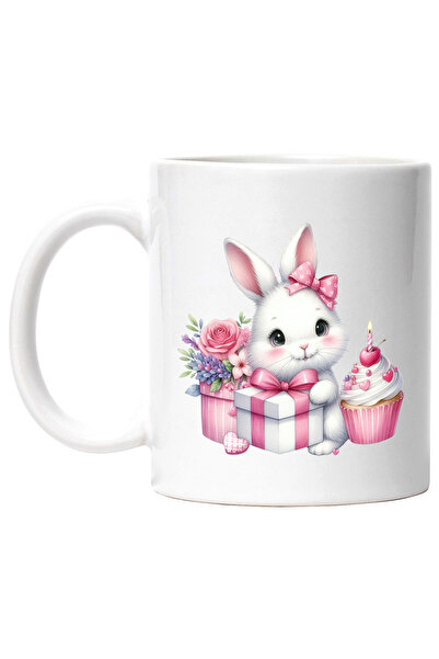 StoryGift Romania Cana cu un iepuras alb | ilustratie | cadou | floricele | briosa | prajitura | z, Cu Maner Alb