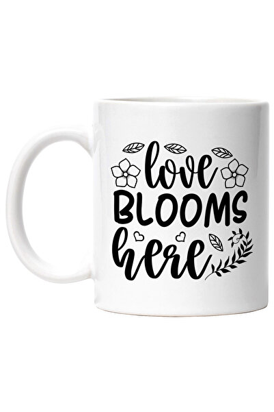 StoryGift Romania Cana cu floricele si cu textul in engleza "Love blooms here" - iubirea inflorest, Cu Maner Alb