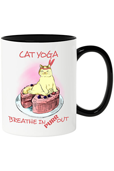 StoryGift Romania Cana cu pisica pe un tort cu mesajul "Cat Yoga, Breathe In,...