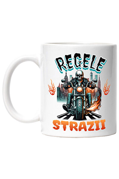 StoryGift Romania Cana Schelete pe motocicleta text regele strazii curse ilegale, 330ml, Ceramic c, Cu Maner Alb