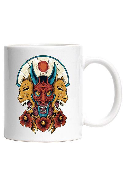 StoryGift Romania Cana Cu Masti, Japonez, Evantai, Oni, Demon, Animal, Multicolor 330 ml, Ceramica, Cu Maner Alb