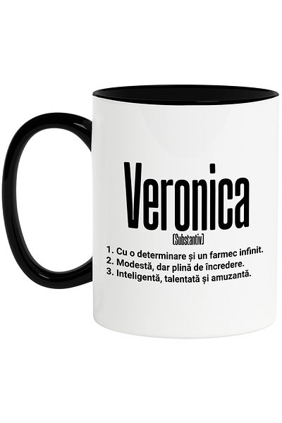 StoryGift Romania Cana Cu Numele Veronica, si Mesaj Motivational, Determinare, Modesta, Inteligent, Cu Maner Negru