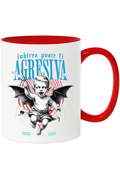 StoryGift Romania Cana cu Bebe Cu aripi Diavol Si Cutit Text Iuirea Poate Fi Agresiva, Dragoste va, Cu Maner Rosu