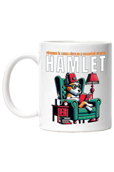 StoryGift Romania Cana HAMLET CAINE CITIND CARTI IUBITORR DE LECTURA, 330ml, Ceramic cu Maner Alb, Cu Maner Alb