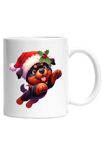 StoryGift Romania Cana cu un catel Rottweiler care poarta o caciula de Craciu...