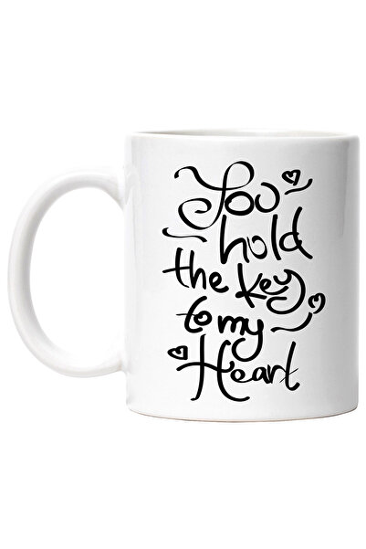 StoryGift Romania Cana Cu Mesaj In Engleza You Hold The Key To My Heart, Inima, Cheie, Cuplu, Alb , Cu Maner Alb