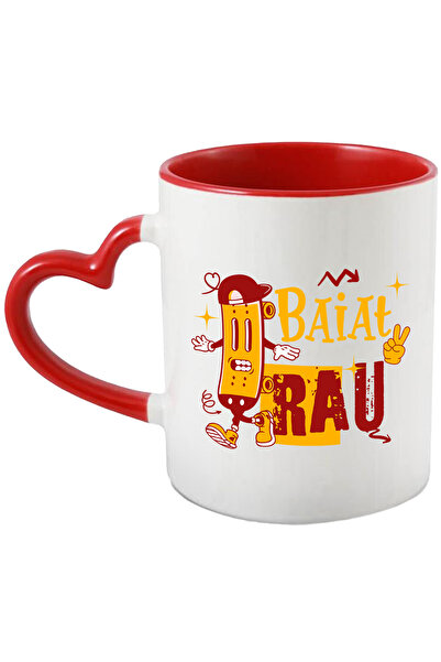StoryGift Romania Cana Skateboard cu sapca text BAIAT RAU, 330ml, Ceramica cu Maner Inima Rosie, Cu Maner Inima Rosie