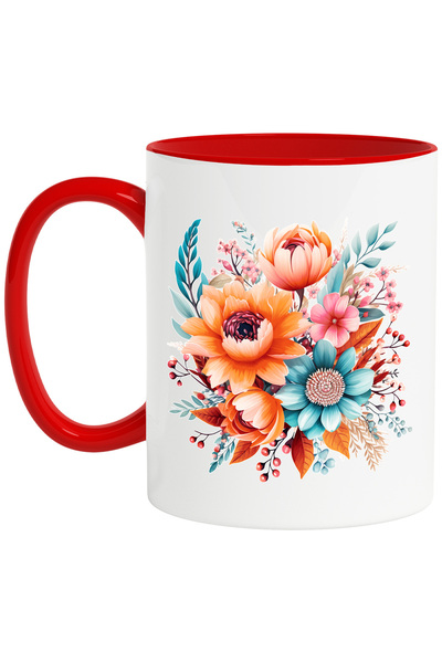 StoryGift Romania Cana cu diferite flori, ilustratie, portocalii, albastre, c...