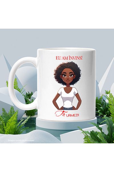 StoryGift Romania Cana Mesaj Motivational Fata Afro Eu Am Invins Tu Urmezi, 330ml, Ceramic cu Mane, Cu Maner Alb